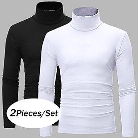 2Pcs Men's Turtleneck T Shirt Long Sleeve Shirt Long Sleeve Turtleneck Rolled collar Fall Fall  Winter Plain Lightweight Basic Classic 2 Piece Outdoor Casual S