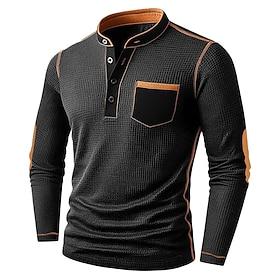 Men's Waffle Henley Shirt Tee Shirts With Elbow Patches Long Sleeve Solid Color Plain Fashion Designer Casual Color Block Buttons Henley Casual Daily Outdoor S
