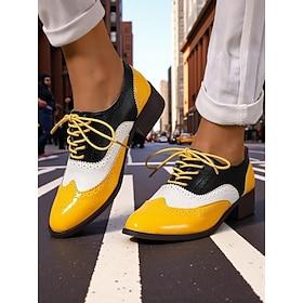 Women's Yellow Patent Leather Oxford Brogues – Colorblock Wingtip Lace-Up Dress Shoes, 1950s Vintage British Style for Office, School and Streetwear