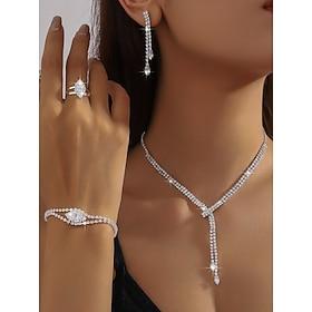 Women's Luxury Rhinestone Jewelry Set - Elegant Silver Necklace, Bracelet, Earrings and Ring, Sparkling Statement Accessories for Evening Dance and Cocktail Pa