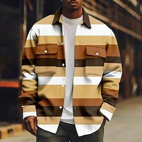 Men's Horizontal Stripes Corduroy Shirt Shacket Shirt Jacket Long Sleeve Casual Outdoor Dailywear Fall Winter Turndown Button-Down Warm Jacket with Flap Pocket