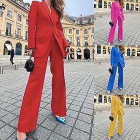 Women's Blouse Blazer Pants Sets Long Sleeve Shirt Collar Solid Color Active Fashion Office Work Going out Blue Yellow Red Fall Regular Fit