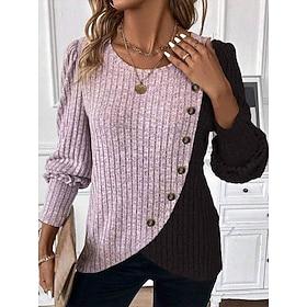 Women's Blouse Knit Shirts Patchwork Buttons Geometric Color Block Tropical Stylish Casual Long Sleeve Crew Neck Regular Tops Daily Pink Sky Blue Gray Spring F