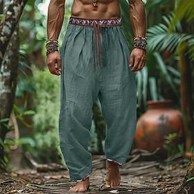 Men's Linen Pants Trousers Summer Pants Beach Pants Patchwork Drawstring Straight Leg Plain Comfort Breathable Full Length Outdoor Casual Daily Retro Vintage B