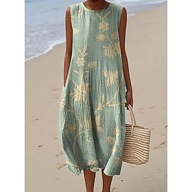 Women's Midi Dress Linen Like Sundress Shift Dress A Line Dress Vacation Casual Boho Party Going out Beach Loose Fit Floral Graphic Sleeveless Crewneck Light Y