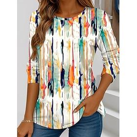 Women's T shirt Long Sleeve Crew Neck Long Sleeve Tunic Graphic Geometric Striped Vintage Stylish Regular Tops Daily Print White Blue Purple Orange Brown Fall