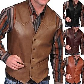 Men's Leather Vest Daily Wear Vacation Going out Vintage Fashion Spring   Fall Button Faux Leather Comfortable Plain Single Breasted V Neck Regular Fit Red Bro
