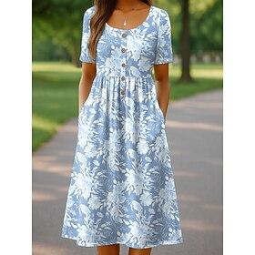 Women's Midi Dress Sundress Knit Dress Casual Dress A Line Dress Vacation Casual Beach Holiday Regular Fit Floral Graphic Short Sleeve Crew Neck Blue White Yel