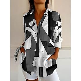Women's Shirt Linen Like Breathable Lightweight Button Down Tunic Shirt Collar Long Sleeve Geometric Abstract Vintage Daily Stylish Work Daily Holiday s Print