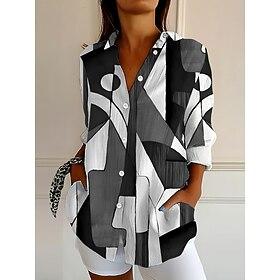 Women's Shirt Linen Like Breathable Lightweight Button Down Tunic Shirt Collar Long Sleeve Geometric Abstract Vintage Daily Stylish Work Daily Holiday s Print