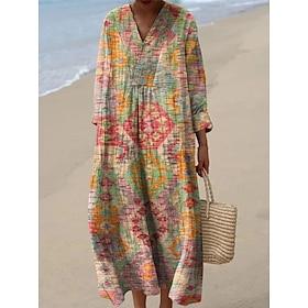 Women's Midi Dress V Neck Long Sleeve Kaftan Lightweight Loose Fit A Line Dress Casual Going out Loose Fit Floral Graphic Paisley Long Sleeve V Neck Navy Pink