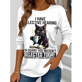 Women's T shirt Crew Neck Long Sleeve Tunic Graphic Cat Letter Vintage Stylish Classic Round Neck Regular Tops Daily Weekend Print White / Black Black White P