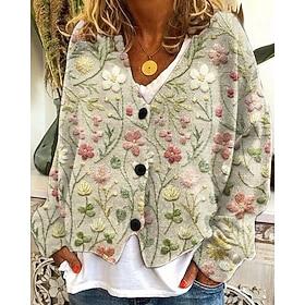 Women's Sweater Cardigan Fashion Streetwear Daily Floral Ribbed Open Front Knitted Print Long Sleeve Long Tops Knit Holiday Going out Weekend Yellow Blue Fall
