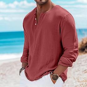 Men's Henley Shirt Tee Henley Top Linen T-Shirt Long Sleeve Solid Color Plain Solid Fashion Designer Casual Color Block Buttons Henley Outdoor Casual Daily Sum