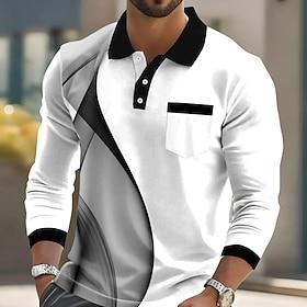 Men's Geometric Polo Long Sleeve Polo Shirts Lapel Casual Business Casual Athleisure Daily Wear Pocket 3D Print Buttons Spring Fall Blue Lake blue Black