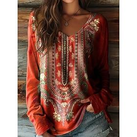 Women's Boho T shirt Long Sleeve Floral Graphic Plants Vintage Stylish Casual Long Sleeve V Neck Regular Tops Daily Weekend Print Sage Green Pink Red Purple Gr