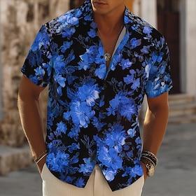 Men's Floral Print Neon Flowers Summer Hawaiian Shirt Button Up Shirt Aloha Shirt Short Sleeve Hawaiian Vacation Beach Wear Summer Spring Turndown 3D Print Col