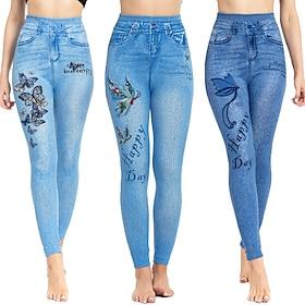 Women's Leggings Distressed Jeans Vacation Vintage Casual Full Length High Waist Floral Butterfly Elastic Waistband Printing Soft Comfortable Stretchy Outdoor