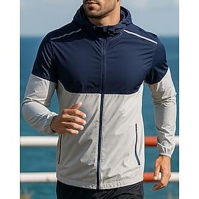 Men's Color Block Hooded Jacket Sport Jacket Fall Long Sleeve Athleisure Sun Protection Lightweight Outdoor Travel Sports Blue White Green Sportswear Activewea