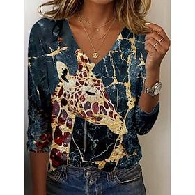 Women's Tunic T Shirt Print Leopard Color Block Giraffe Vintage Stylish Casual Long Sleeve V Neck Regular Tops Daily Sports Weekend Blue Yellow Purple Green Fa