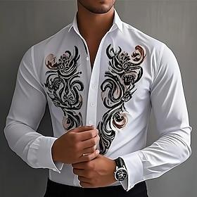 Men's Scroll Floral Print Ethnic Shirt Western Shirt Cowboy Shirt Long Sleeve Vintage Retro Outdoor Vacation Spring Fall Turndown 3D Print Linen Like Shirt Whi