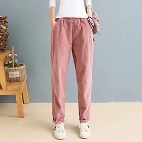Women's Corduroy Pants Slacks Straight Streetwear Casual Full Length Natural Plain Pocket Elastic Waist Comfy Holiday Weekend Apricot Grey Black Pink Fall Regu