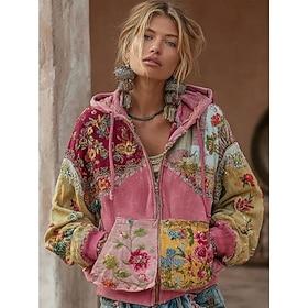 Women's 3D Print Vintage Boho Hoodie Patchwork Hoodie Sweatshirt Floral Zip Up s  Vintage Fashion Casual Long Sleeve Hooded  Street Dailywear Casual Patchwork