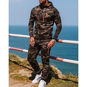 Men's Tracksuit Jogging Suit Sweatsuit Sets Zip Up Hooded Camouflage Clothing Suit Fall Winter Dark Gray Light Grey Outdoor Travel Sports Long Sleeve Sport Ac