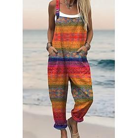 Women's 100% Cotton Dungarees Active Floral Sleeveless Sleeveless Straight Square Neck Pocket with Pocket Vacation Daily Loose Fit Pink Red Green Summer
