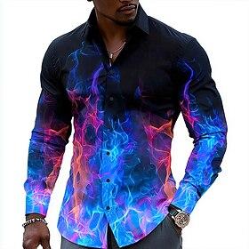 Men's Optical Illusion Flame Shirt Button Up Shirt Casual Dress Shirt Long Sleeve Casual Outdoor Holiday Summer Spring Turndown 3D Print Collared Shirts Black