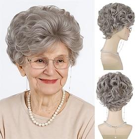 Short Pixie Cut Wigs for Senior Women Silver Grey Layered Hair Wig with Bangs Synthetic Wavy Curly Wigs for Old Ladies Daily Party Granny
