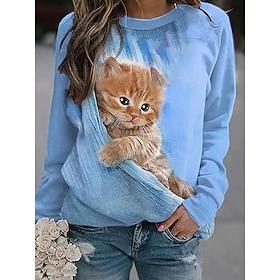 Women's Pullover Sweatshirt Print Graphic Animal Cat Casual Long Sleeve Crew Neck Regular Tops Casual Street Holiday Blue Pink Purple Orange Green Spring Fall
