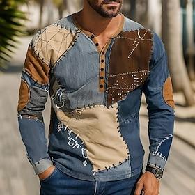 Men's Patchwork T Shirt Henley Shirt Tee Long Sleeve Vintage Designer Stylish Casual Daily Outdoor Spring Summer Fall Blue Green Purple Coffee Henley Henley T