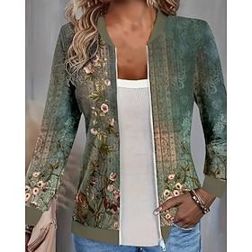 Women's Casual Jacket Comfortable Zipper Print Casual Flower Outdoor Street Holiday Daily Wear Zipper Regular Crewneck Regular Fit Long Sleeve Outerwear Green