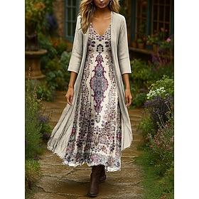 Women's Dress Set Maxi Dress A Line Dress Summer Dress Vacation  Ombre Floral Layered Print Maxi Dress 3/4 Length Sleeve V Neck Daily Outdoor Black Pink Orange