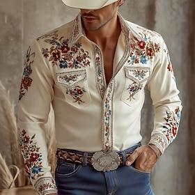 Men's 3D Print Floral Print Flowers Western Shirt Button Up Shirt Cowboy Shirt Long Sleeve Vintage Retro Outdoor Holiday Spring Fall Turndown Collared Shirts F