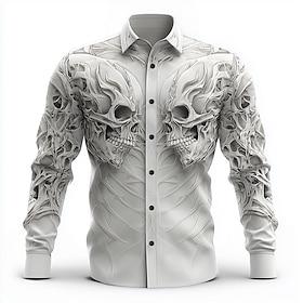 Men's Skull Skeleton Death Shirt Button Up Shirt Long Sleeve Dark Punk Gothic Style Outdoor Holiday Summer Spring Turndown 3D Print Collared Shirts White 1 Whi
