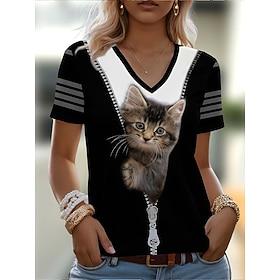 Women's T Shirt Print Graphic Animal Cat Vintage Stylish Classic Short Sleeve V Neck Regular Tops Daily Weekend Black Summer Spring Fall