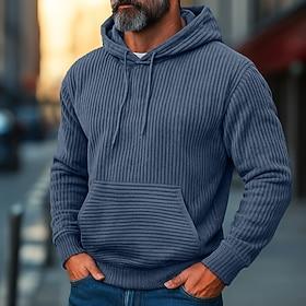 Men's Hoodie Corduroy Pullover Hoodie Sweatshirt Navy Blue Blue Camel Orange Brown Hooded Plain Textured Sports Outdoor Casual Daily Streetwear Cool Sportswea