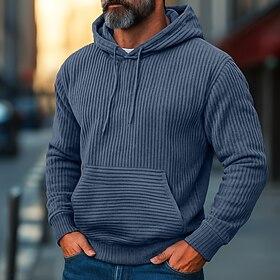 Men's Hoodie Corduroy Pullover Hoodie Sweatshirt Navy Blue Blue Camel Orange Brown Hooded Plain Textured Sports  Outdoor Casual Daily Streetwear Cool Sportswea