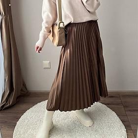 Women's Fashion Casual Maxi Mid Rise Skirts Plain Pleated Micro-elastic Vacation Street Black Ivory Light Green Pink Spring Polyester