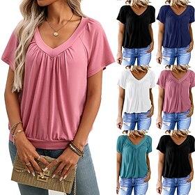 Women's Blouse Ruched Solid Color Elegant Daily Ladies Short Sleeve V Neck Regular Tops Daily Work Holiday Lake Green Black White Pink Navy Blue Summer Spring