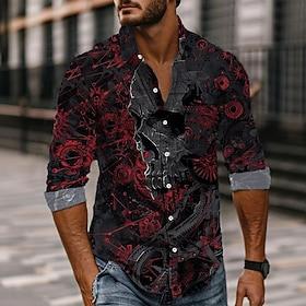 Men's Skull Day of the Dead Rose Shirt Button Up Shirt Long Sleeve Dark Gothic Style Holiday Spring Fall Turndown 3D Print Collared Shirts Front One Pocket Red