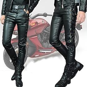 Men's Faux Leather Pants Drawstring Solid Colored Outdoor Sports Full Length Party Casual Fashion Casual Black Red Inelastic
