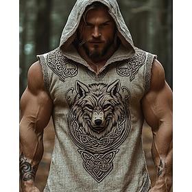 Men's Tank Top Vest Top Undershirt Sleeveless Shirt Sleeveless Hooded Summer Wolf Vintage Designer Basic Print Vacation Street Going out Black Blue Gray Top Te