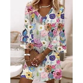 Women's Mini Dress Sundress A Line Dress Bohemia Vacation Casual Party Regular Fit Floral Graphic Abstract 3/4 Length Sleeve V Neck Pink Purple Light Blue Spri