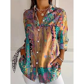 Women's Shirt Linen Like Breathable Lightweight Graphic Geometric Vintage Daily Casual Long Sleeve Shirt Collar Regular Tops Daily Holiday Print Yellow Red Blu