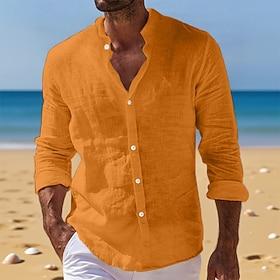 Men's Shirt Linen Shirt Summer Shirt Beach Wear Button Up Shirt Plain Daily Streetwear Blue Black White Pink Long Sleeve Band Collar Spring  Summer Summer Clot