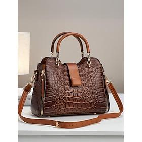 Women's Croc-Embossed Top-Handle Satchel – Structured Medium Tote Handbag with Detachable Crossbody Strap, Zip Accents  Gold Hardware for Work, Office, Travel