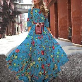 Women's Long Dress Maxi Dress Casual Dress Chiffon Dress Swing Dress Fashion Modern Daily Beach Weekend Regular Fit Flower Half Sleeve Crew Neck Blue Light Yel